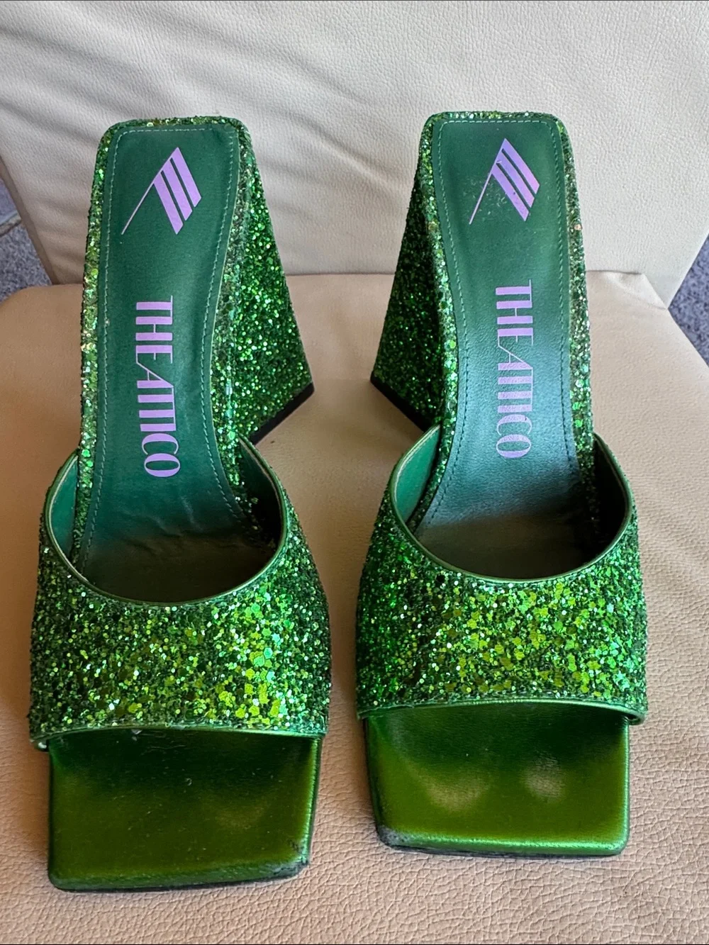 The Attico Green Glitter Devon Mules